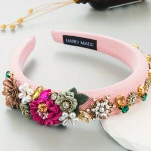 New handmade boutique luxury rhinestone floral fancy mid-wide flexible headband